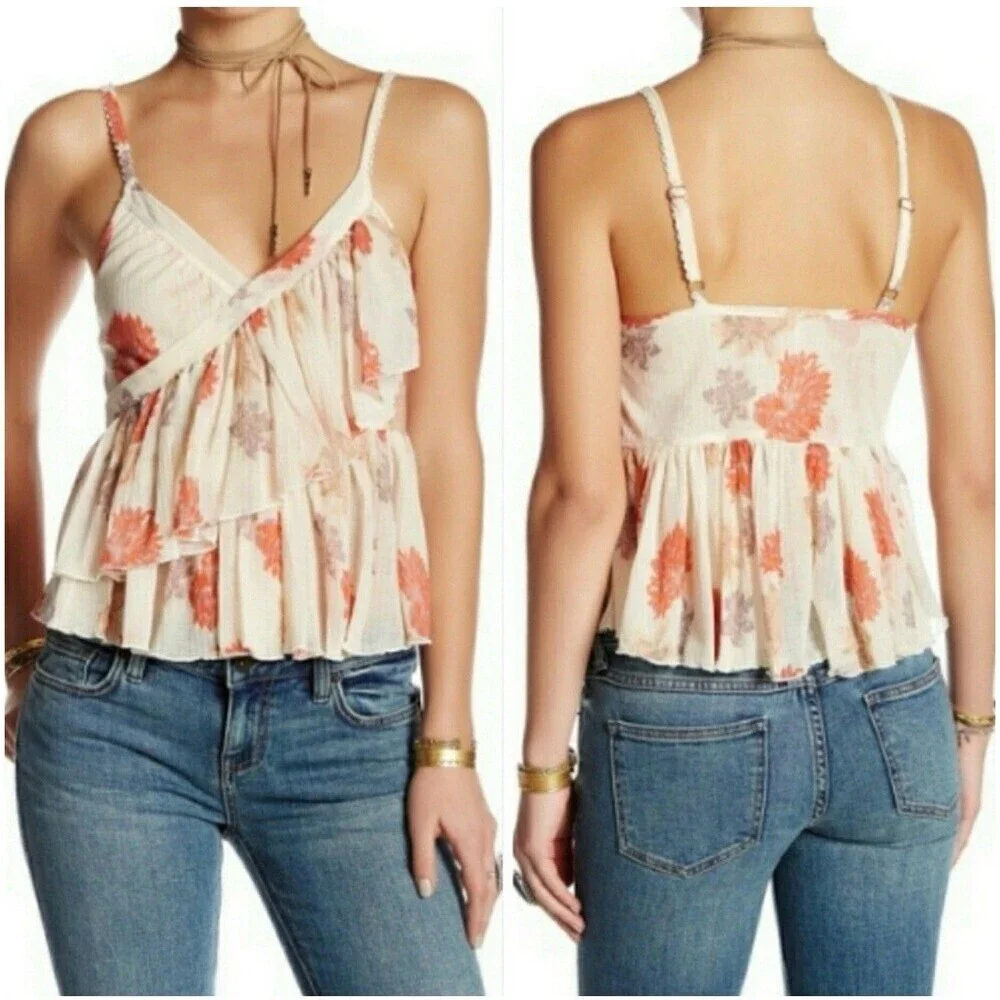Free People Melbourne Ruffle Ribbed Tank Frilly Floral Tiered Fairy Size Medium